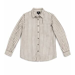 Stüssy Men’s Striped Button-Up Shirt Size Small Neutral Brown White Long Sleeve